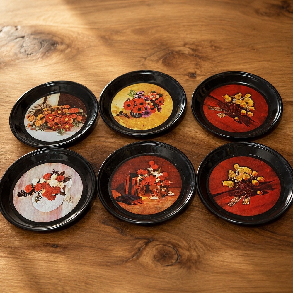 Vintage Tin Floral Drink Coasters Set of 6 Retro Flower Prints Metal Kitsch‎